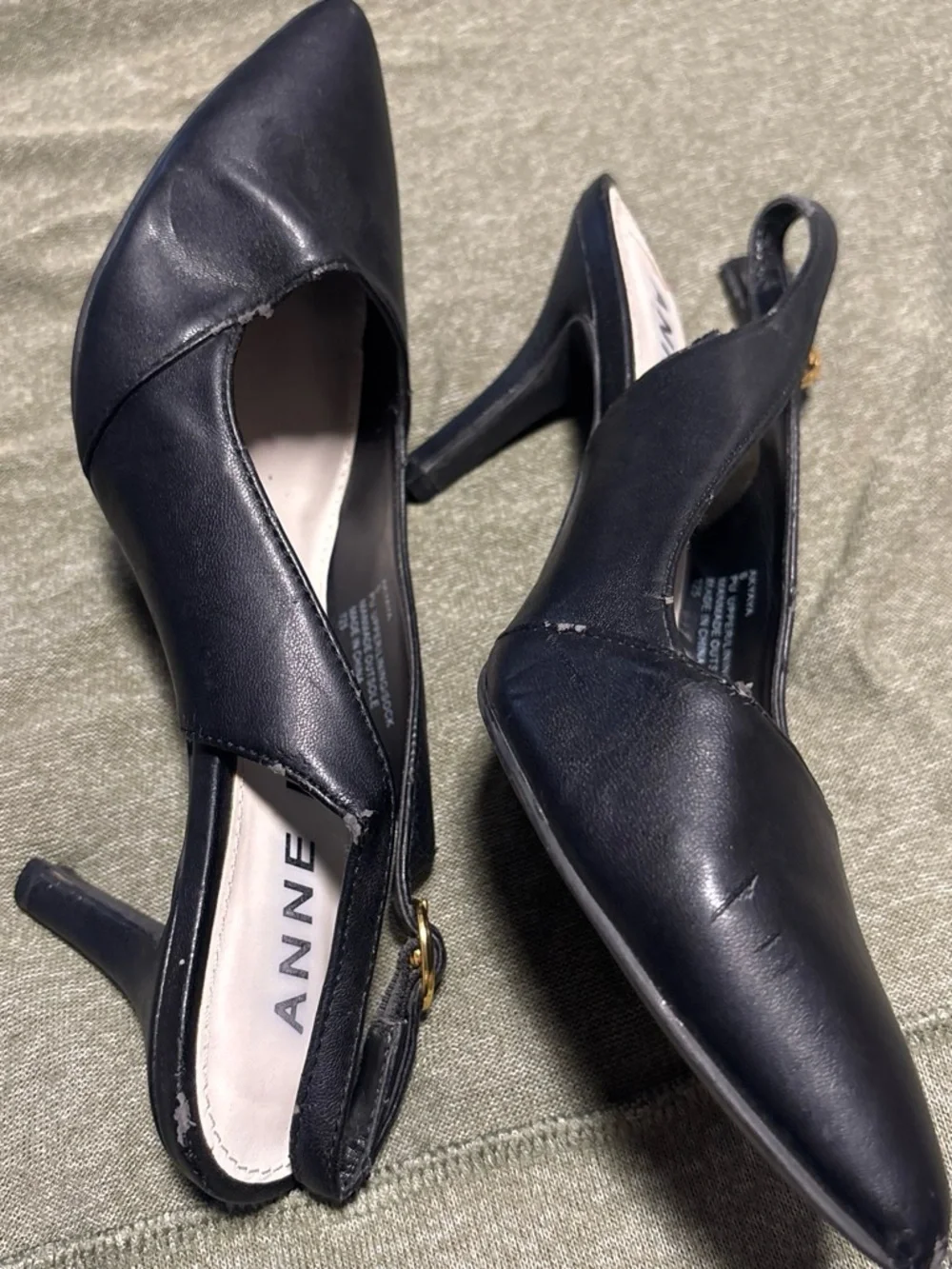 Anne Klein Black Pointed Toe Slingback Flats with Gold Buckle